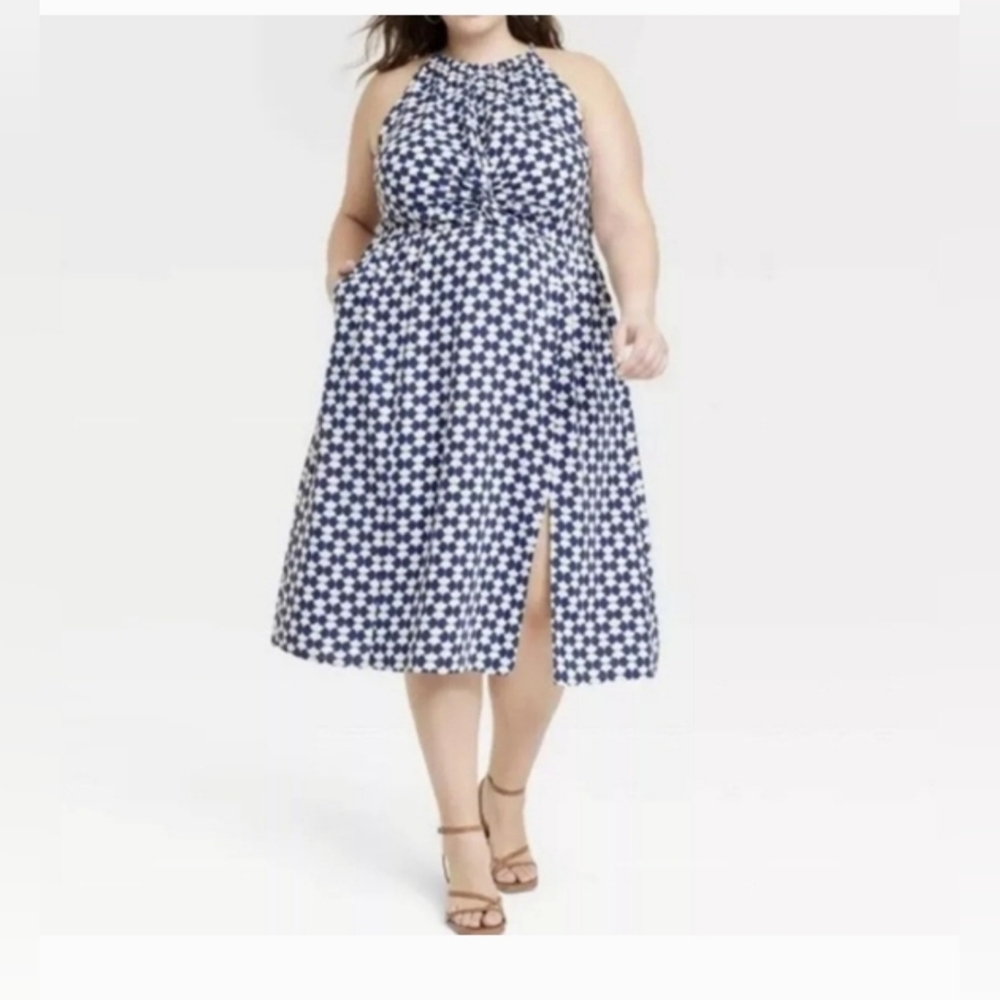 Ava & Viv Blue and White LINEN and RAYON Blend Midi Dress Coastal Chic - Picture 7 of 8